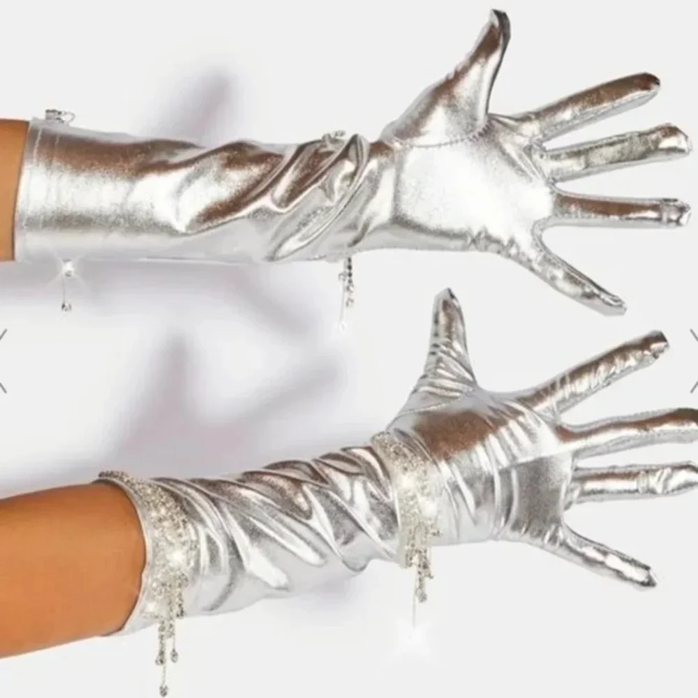 Silver Rhinestone Opera Gloves Formal Evening Satin Costume Glam Silver Gloves
